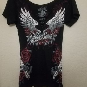Rebel saints tshirt roses guns crystal accents